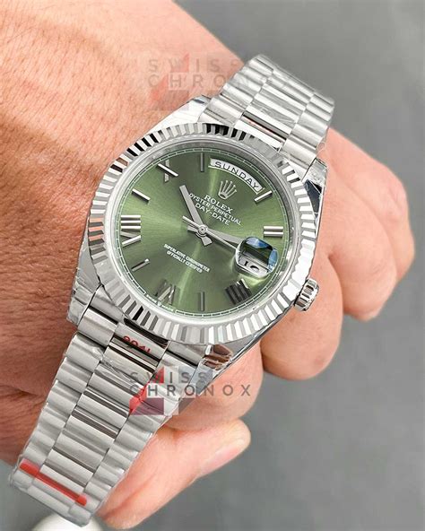 rolex day date 40 white gold olive green dial|Rolex Day-Date gold 40mm.